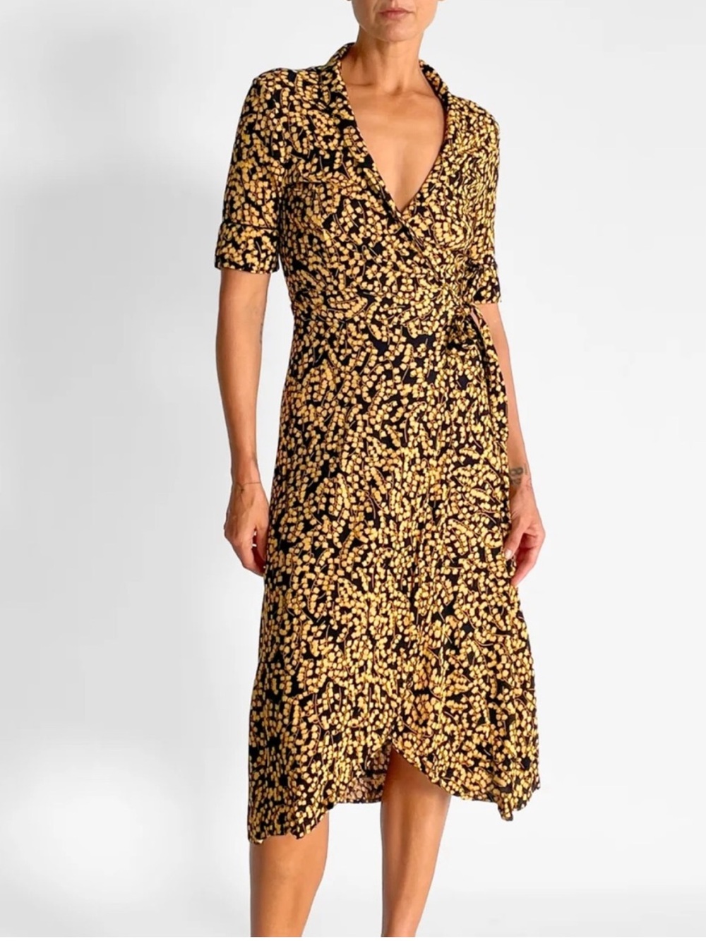 GANNI Dexter Goldstone Ruffled Floral Crepe Print MIDI Wrap Dress Sz 36/ US 4